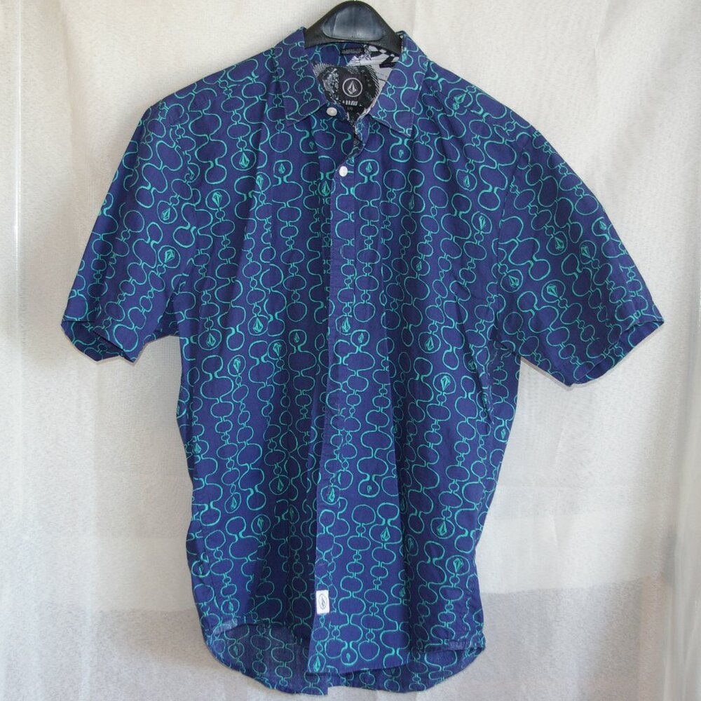 Volcom Blue Button Shirt with Mid Century Pattern